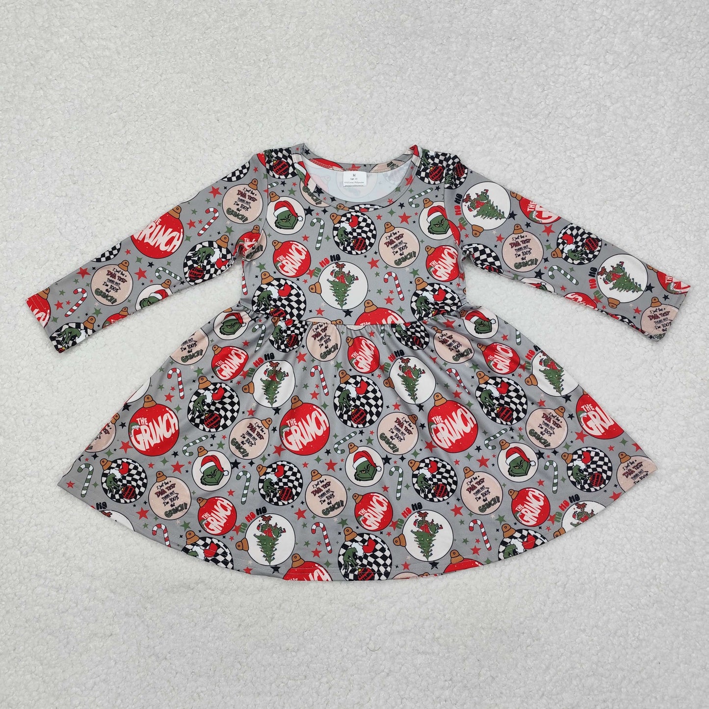 GLD0905 Green Frog Candy Cane Stars Print Girls Christmas Knee Length Dress