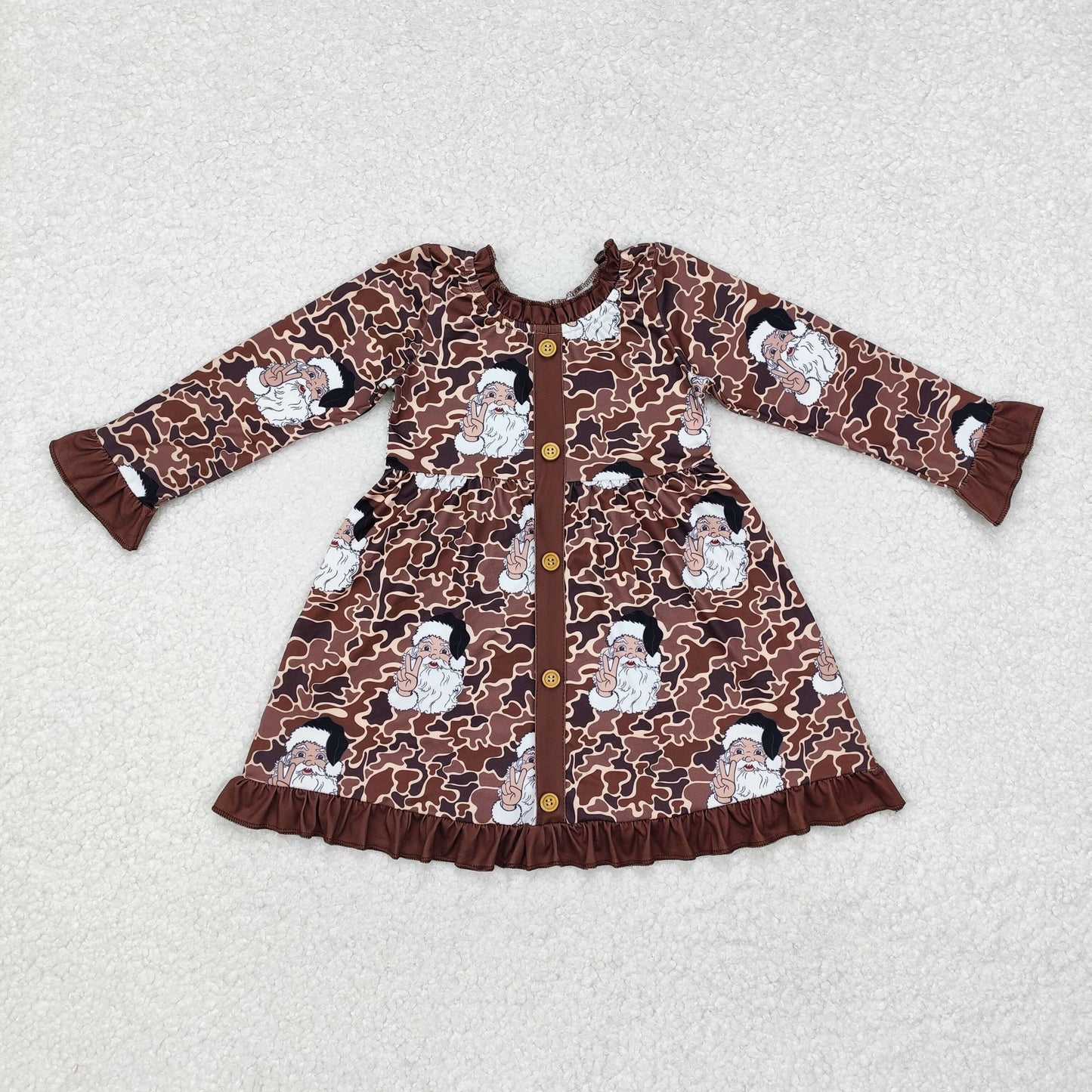 GLD0910 Santa Brown Camo Print Girls Christmas Knee Length Ruffle Dress