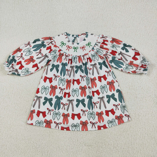 GLD1028 Red Green Bows Embroidery Girls Christmas Knee Length Smocked Dress