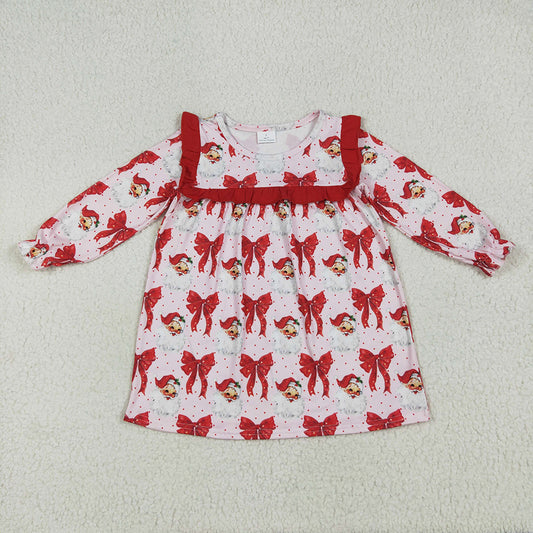 GLD1047 Santa Red Bows Print Girls Christmas Knee Length Dress