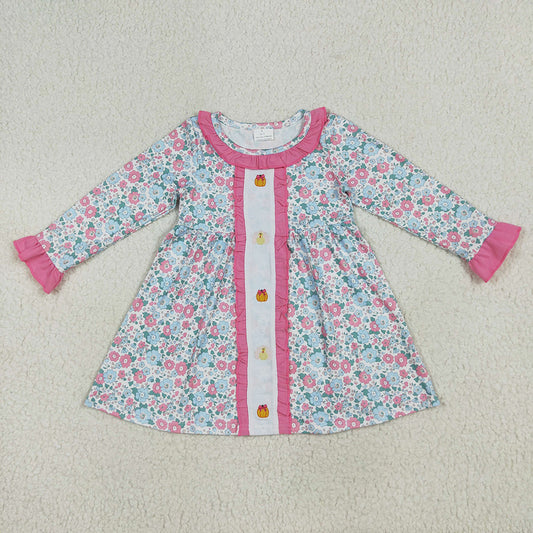 GLD1053 Pumpkin Embroidery Flowers Girls Ruffle Knee Length Dress