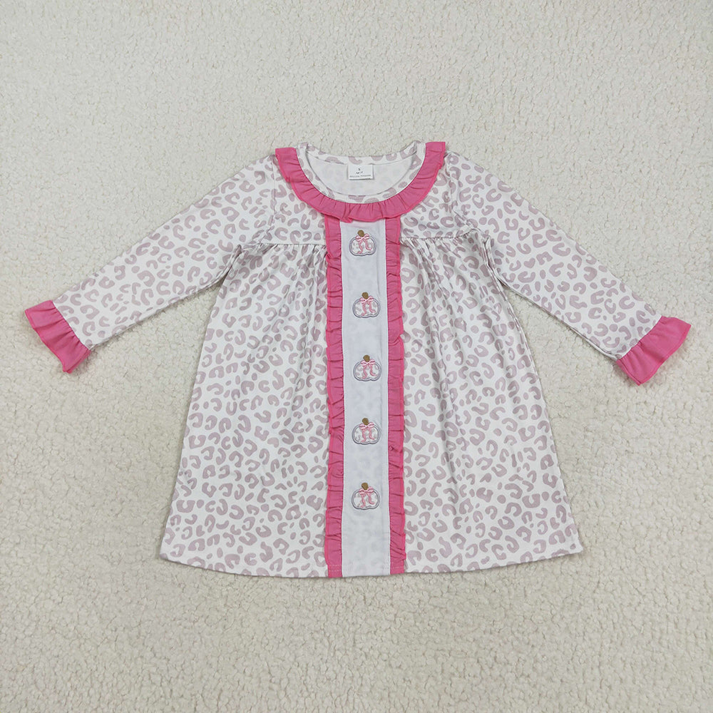 GLD1054 Pumpkin Embroidery Leopard Girls Ruffle Knee Length Dress