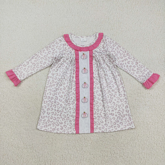 GLD1054 Pumpkin Embroidery Leopard Girls Ruffle Knee Length Dress