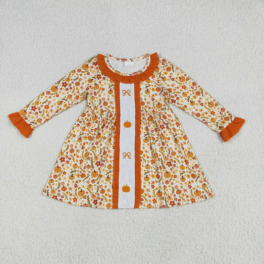 GLD1058 Pumpkin Bows Embroidery Flowers Girls Ruffle Knee Length Dress