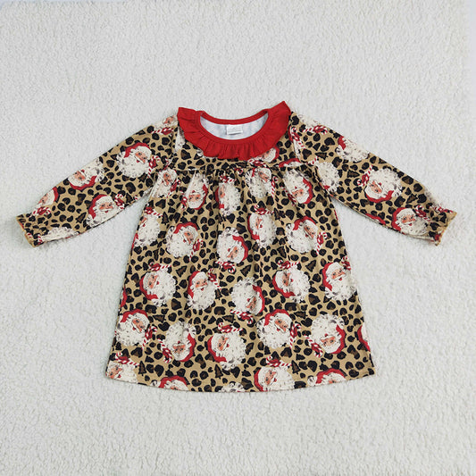 GLD1065 Santa Leopard Print Girls Christmas Knee Length Dress