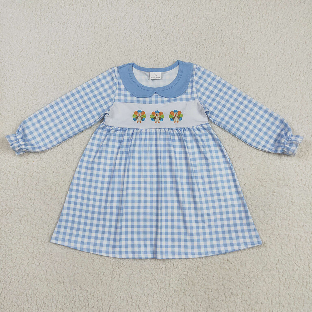 GLD1070 Turkey Embroidery Blue Checkered Girls Thanksgiving Knee Length Dress