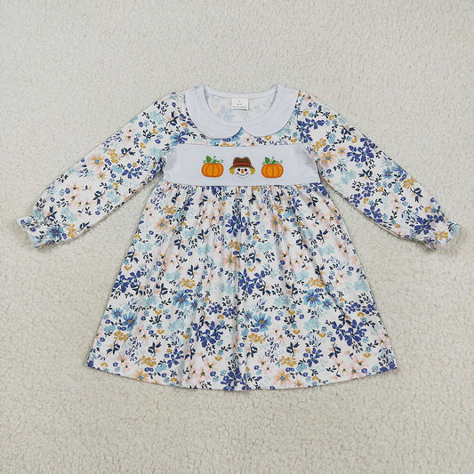 GLD1071 Pumpkin Embroidery Flowers Girls Doll Collar Knee Length Dress