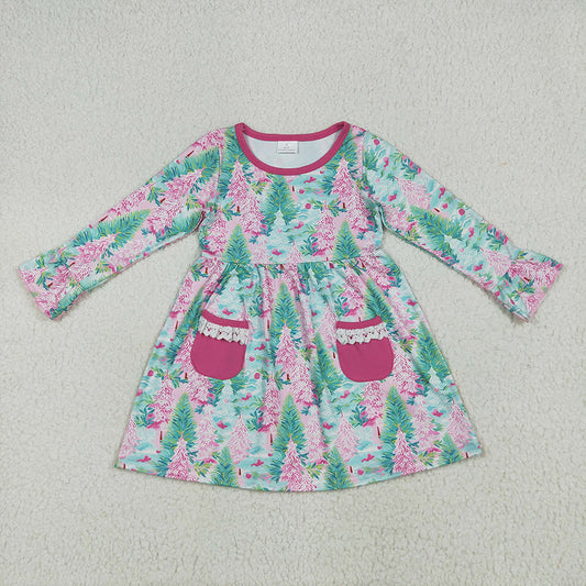 GLD1072 Tree Print Pockets Girls Christmas Knee Length Dress