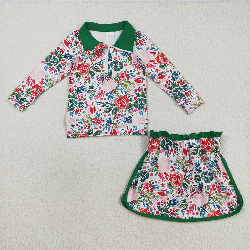GLD1075 Flowers Zipper Pullover Top Skort Girls Christmas Clothes Set