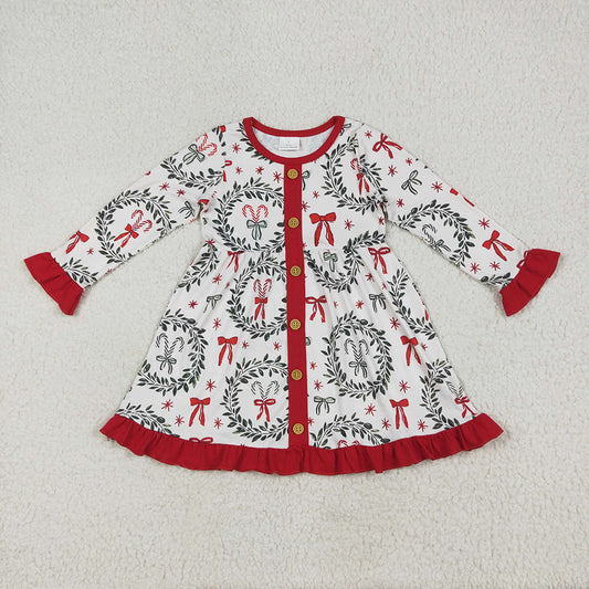 GLD1082 Candy Cane Bows Print Girls Christmas Knee Length Dress