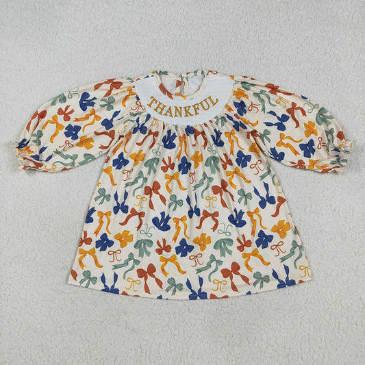 GLD1086 Thankful Embroidery Colorful Bows Girls Thanksgiving Knee Length Smocked Dress