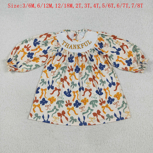 GLD1086 Thankful Embroidery Colorful Bows Girls Thanksgiving Knee Length Smocked Dress