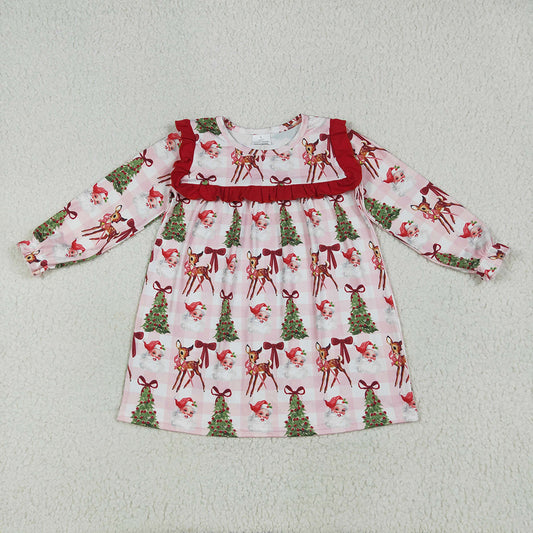 GLD1092 Santa Tree Bows Print Girls Christmas Knee Length Dress