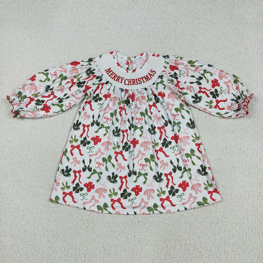 GLD1094 Merry Christmas Embroidery Red Green Bows Girls Christmas Knee Length Smocked Dress