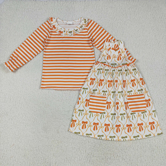 GLD1110 Stripe Top Strap Pockets Knee Length Dress Girls Fall 2 pcs Clothes Set