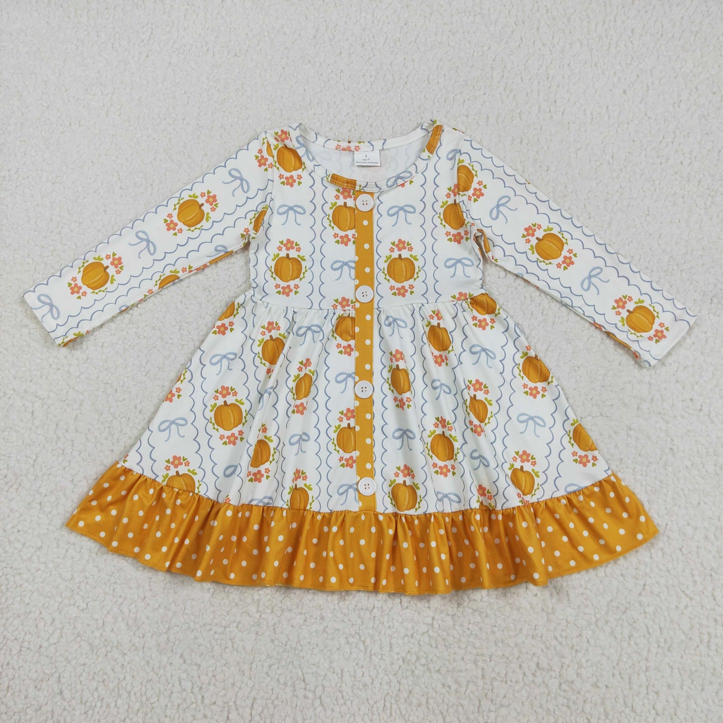 GLD1111 Pumpkin Flowers Bows Print Girls Long Sleeve Knee Length Dress