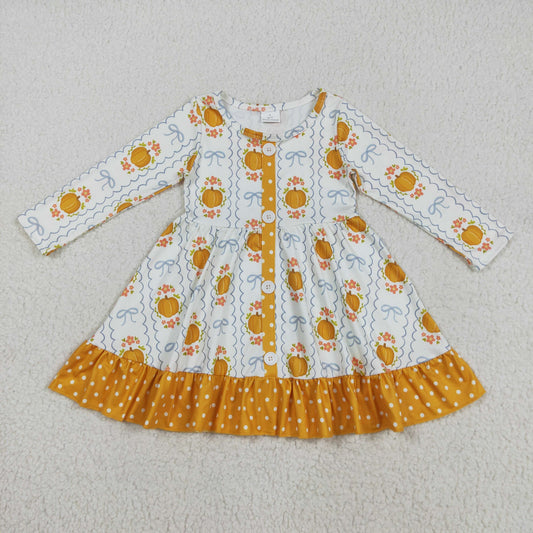 GLD1111 Pumpkin Flowers Bows Print Girls Long Sleeve Knee Length Dress