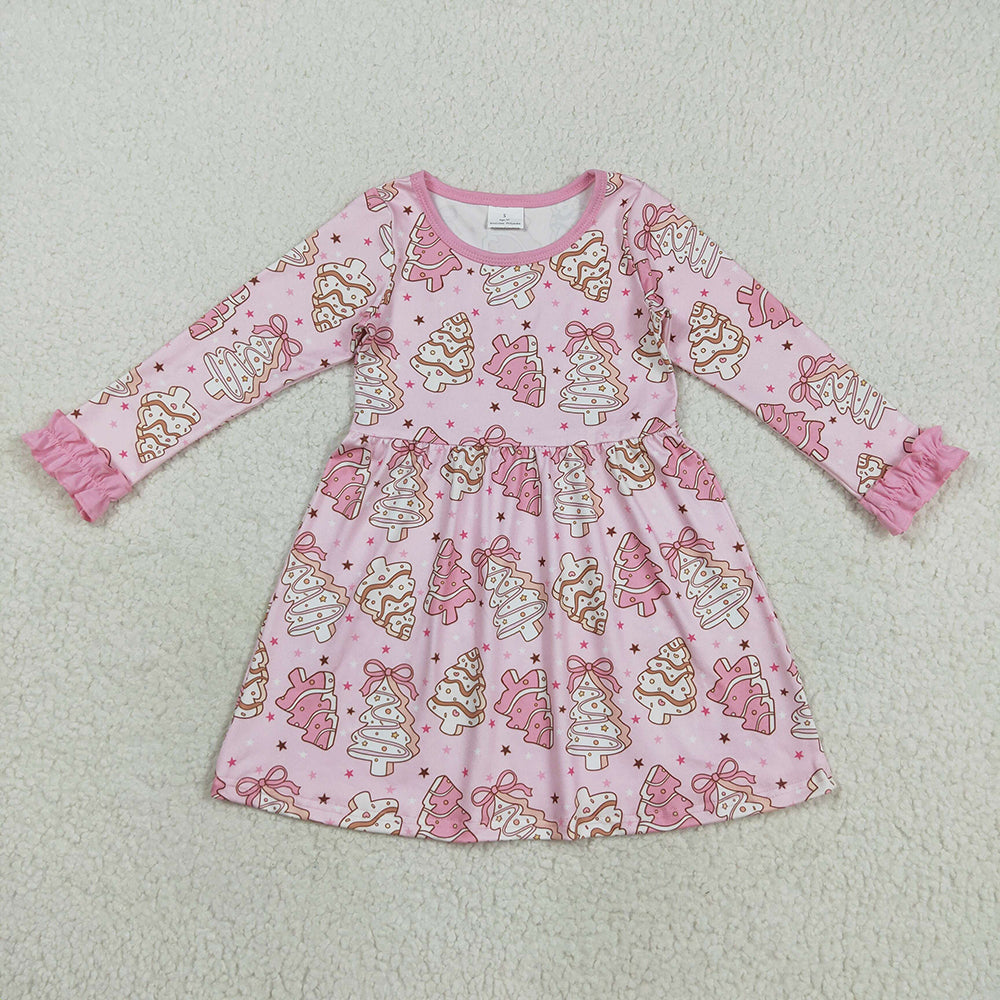 GLD1124 Debbie Cake Pink Print Girls Christmas Knee Length Dress