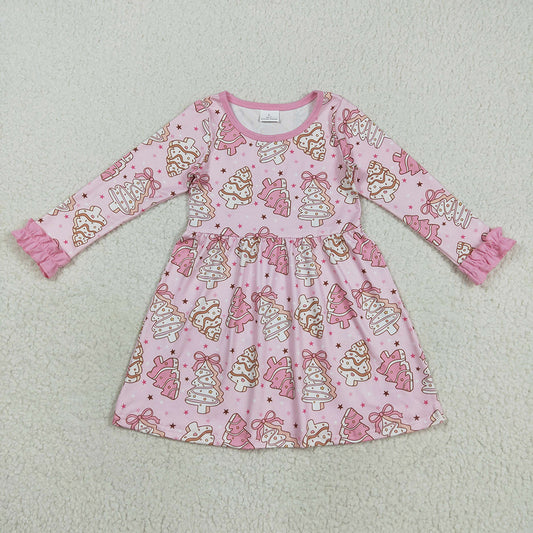 GLD1124 Debbie Cake Pink Print Girls Christmas Knee Length Dress