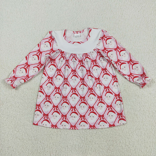 GLD1136 Santa Bows Print Girls Christmas Knee Length Dress