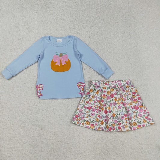 GLD1172 Pumpkin Bows Embroidery Blue Top Flowers Pockets Skort Girls Fall Clothes Set