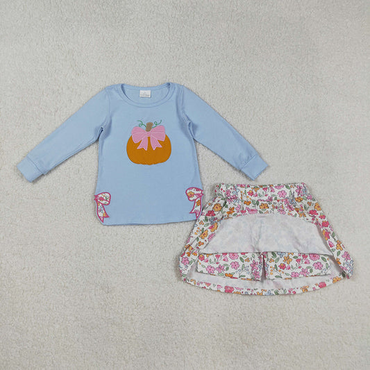 GLD1172 Pumpkin Bows Embroidery Blue Top Flowers Pockets Skort Girls Fall Clothes Set
