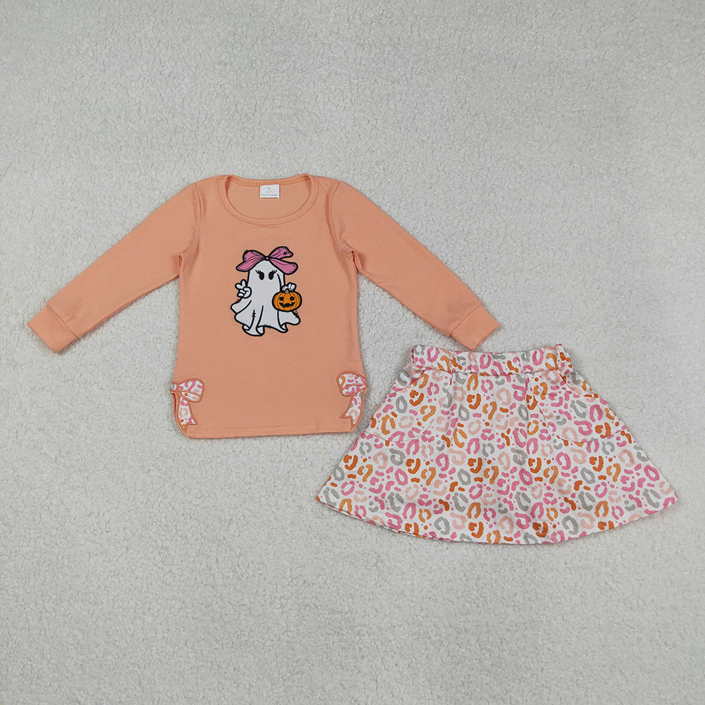 GLD1174 Ghost Pumpkin Bows Embroidery Top Leopard Pockets Skort Girls Halloween Clothes Set