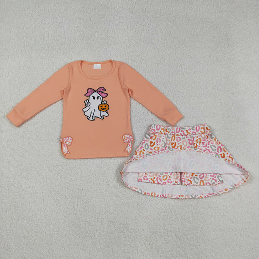 GLD1174 Ghost Pumpkin Bows Embroidery Top Leopard Pockets Skort Girls Halloween Clothes Set