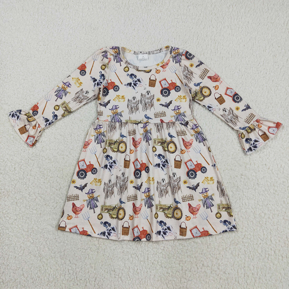 GLD1196 Ghost Farm Animals Girls Halloween Knee Length Dress