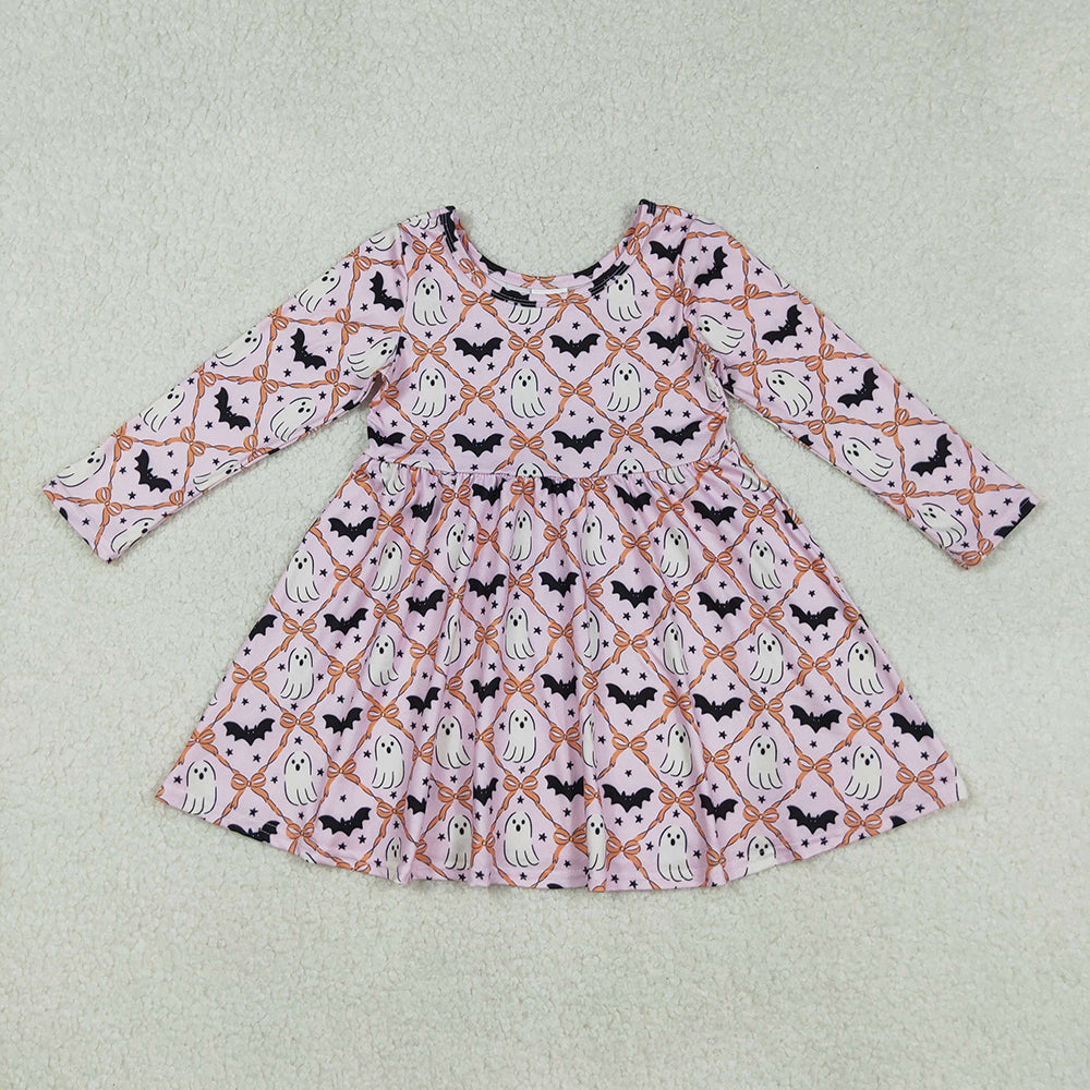 GLD1232 Ghost Bat Bows Girls Halloween Knee Length Dress