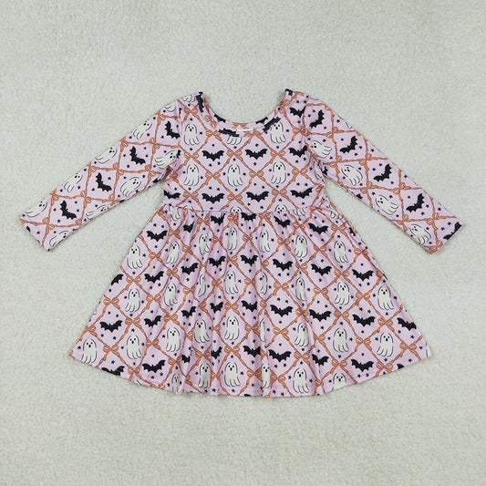 GLD1232 Ghost Bat Bows Girls Halloween Knee Length Dress