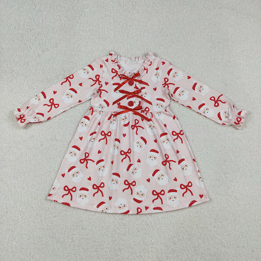 GLD1233 Santa Bows Print Girls Christmas Knee Length Dress