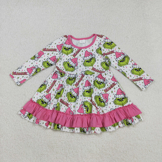 GLD1234 Green Frog Print Girls Christmas Knee Length Pink Ruffle Dress