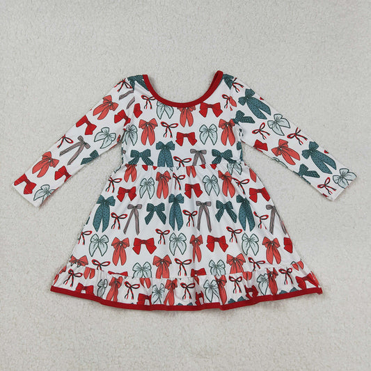 GLD1250 Green Red Bows Print Girls Christmas Knee Length Ruffle Dress
