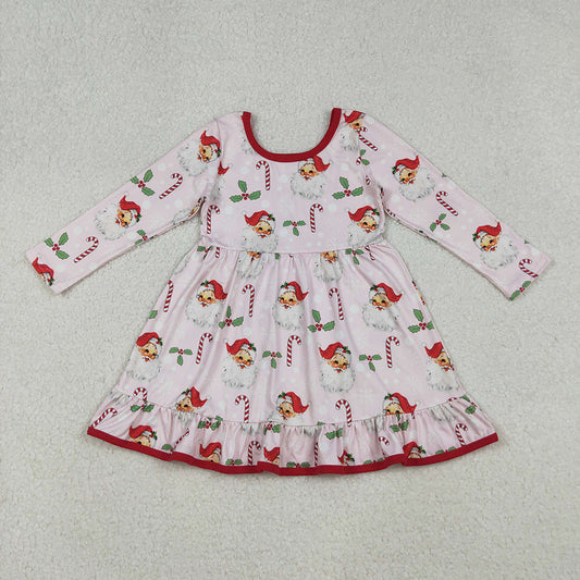 GLD1251 Santa Candy Cane Holly Print Girls Christmas Knee Length Ruffle Dress