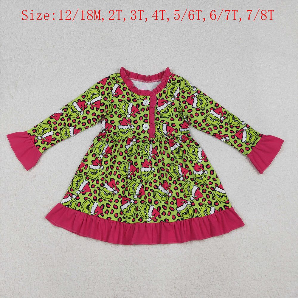 GLD1254 Green Frog Leopard Print Girls Christmas Knee Length Ruffle Gown Dress