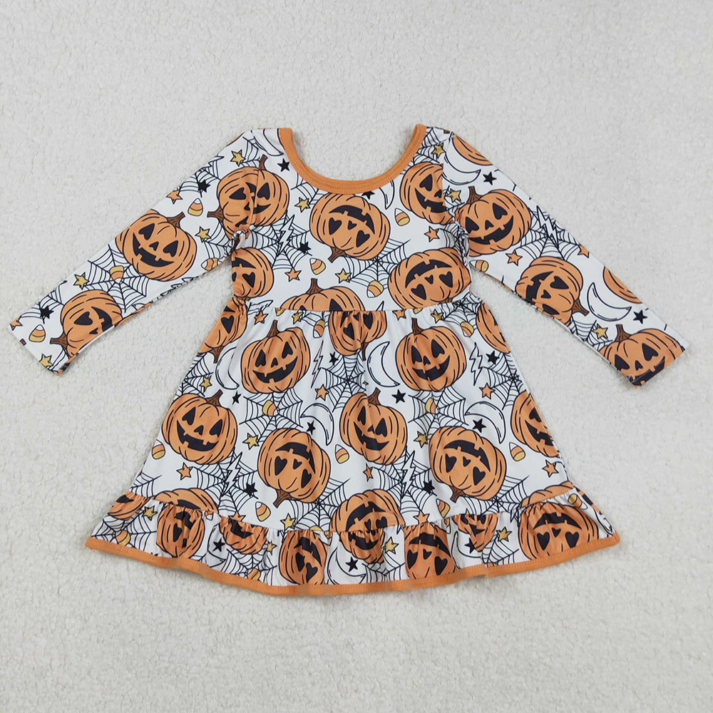 GLD1258 Pumpkin Smiling Web Print Girls Halloween Knee Length Dress