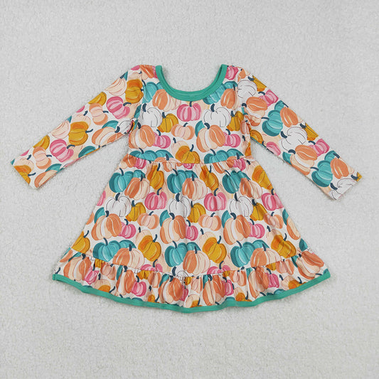 GLD1264 Colorful Pumpkin Print Girls Halloween Knee Length Dress