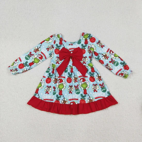 Sibling Baby Girls Christmas Cartoon Bow Long Sleeve Dress