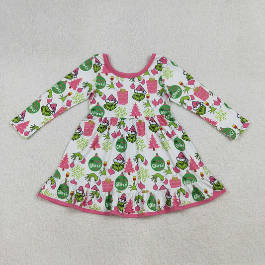 GLD1277 Green Frog Print Girls Christmas Knee Length Ruffle Dress