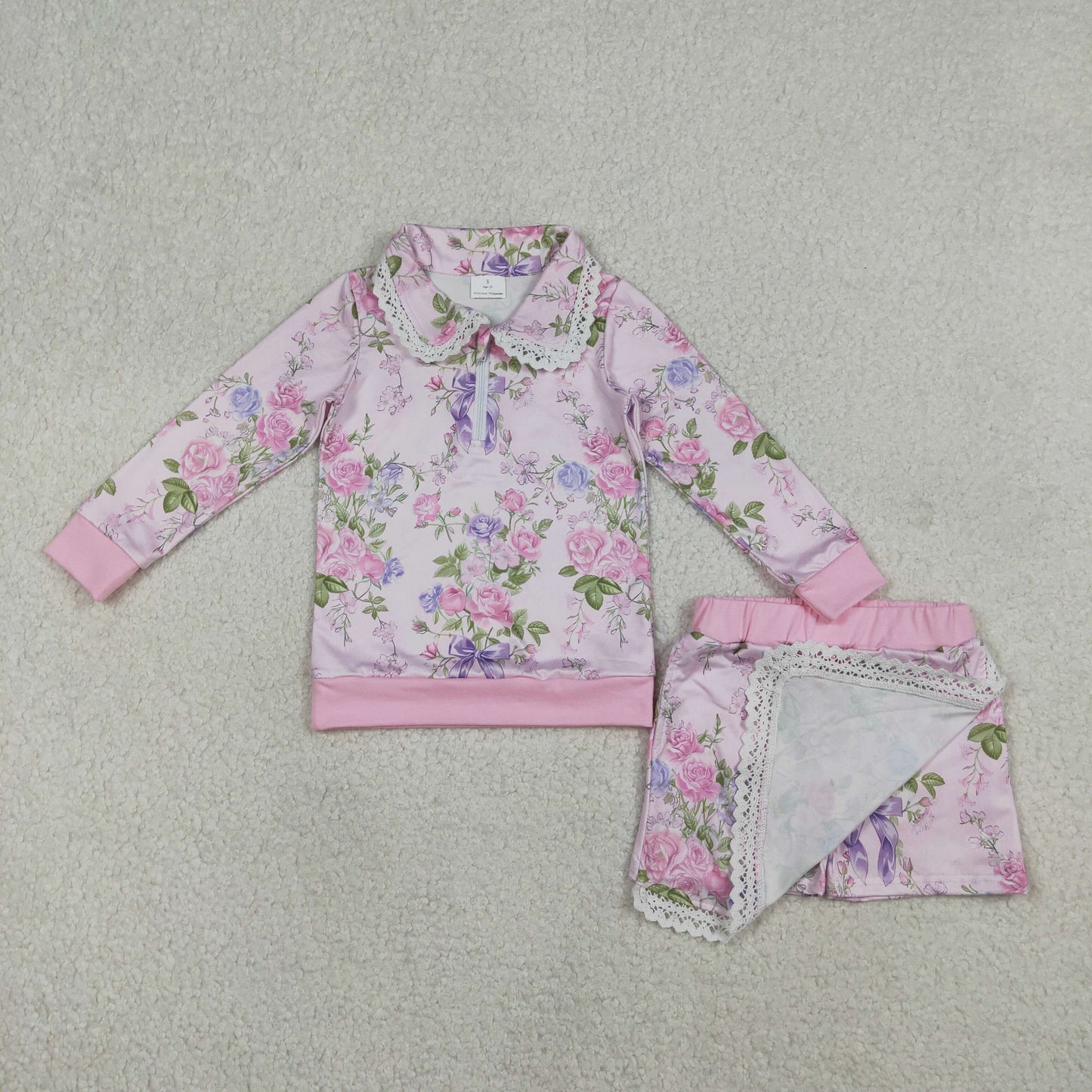 Sibling Baby Girls Long Sleeve Pink Flowers Collar Top Ruffle Skirt Shorts Clothes Sets