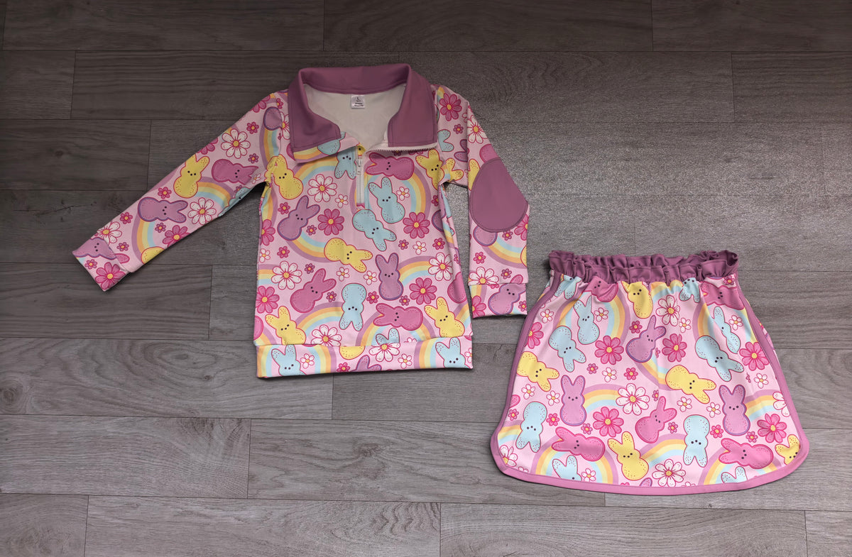 GLD1578 Colorful Bunny Flowers Rainbow Pullover Top Skort Girls Easter Yoga Clothes Set
