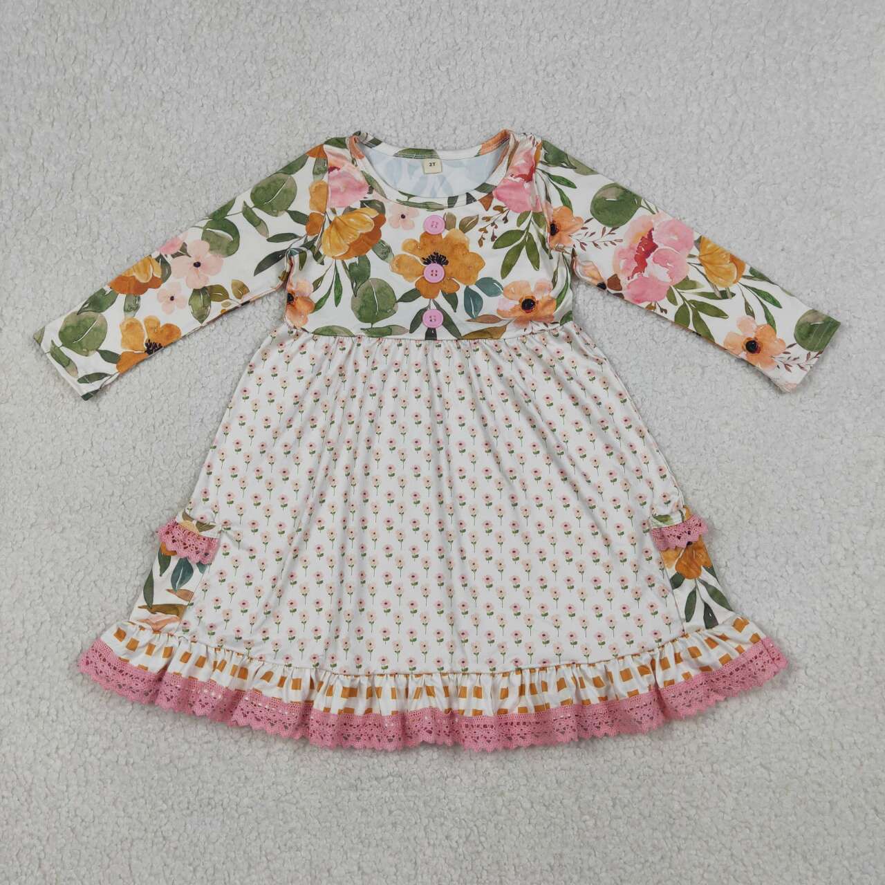 (Promotion)GLD1588 Baby Girls Flowers Pockets Knee Length Dresses