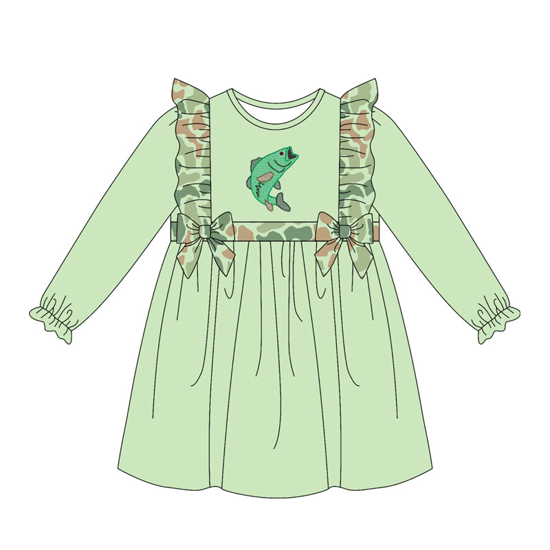 4.15 GLD1595 Preorder Fish Green Camo Girls Knee-length Dress
