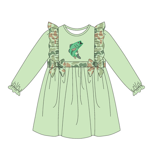 4.15 GLD1595 Preorder Fish Green Camo Girls Knee-length Dress