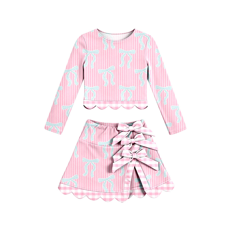 4.16 GLD1600 Preorder Bows Stripes Long Sleeve Top Skirts Girls Scallop Yoga Clothes Set