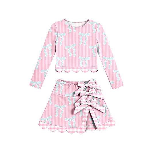 4.16 GLD1600 Preorder Bows Stripes Long Sleeve Top Skirts Girls Scallop Yoga Clothes Set