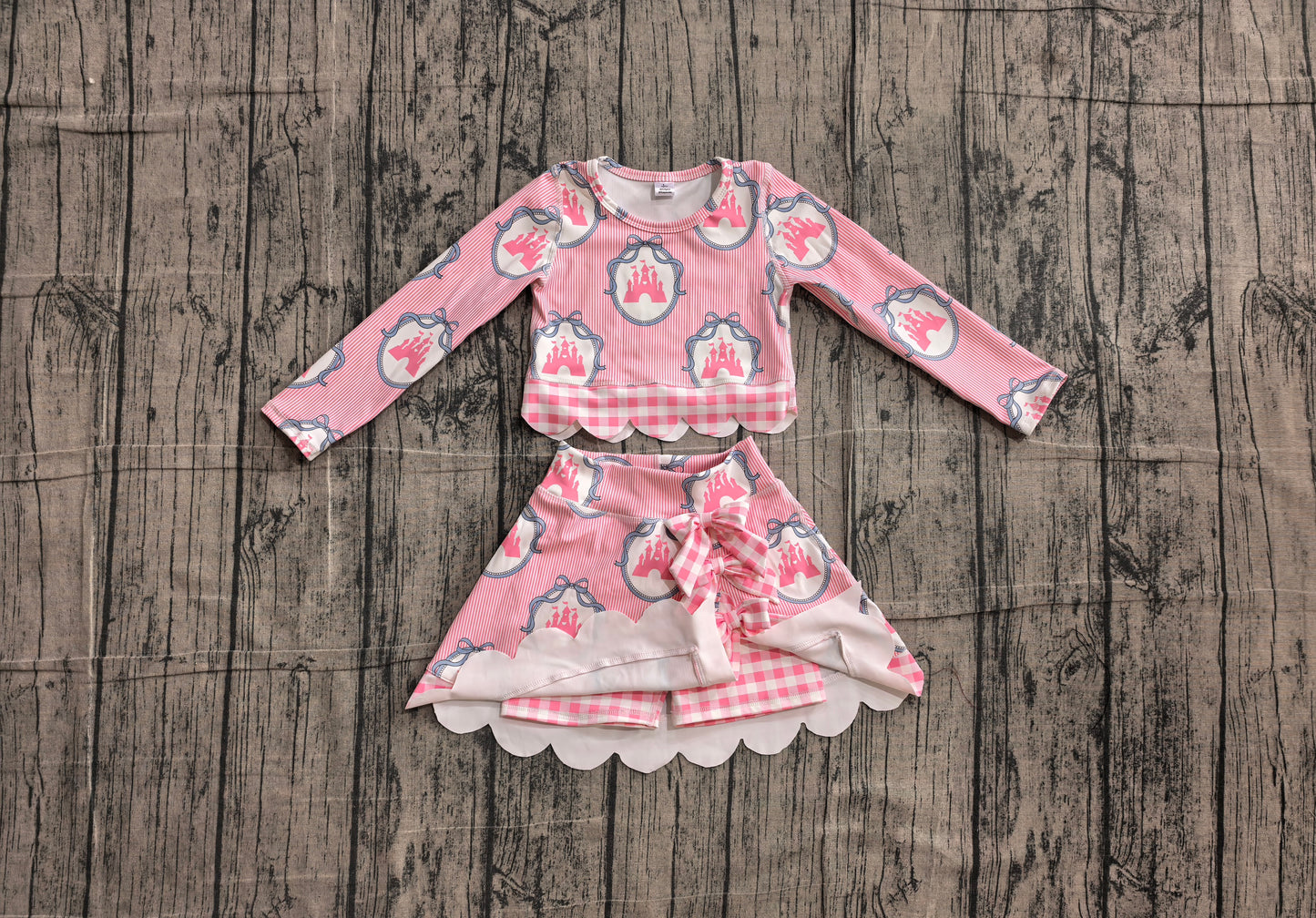 4.16 GLD1601 Preorder Castle Bows Long Sleeve Top Skirts Girls Scallop Yoga Clothes Set