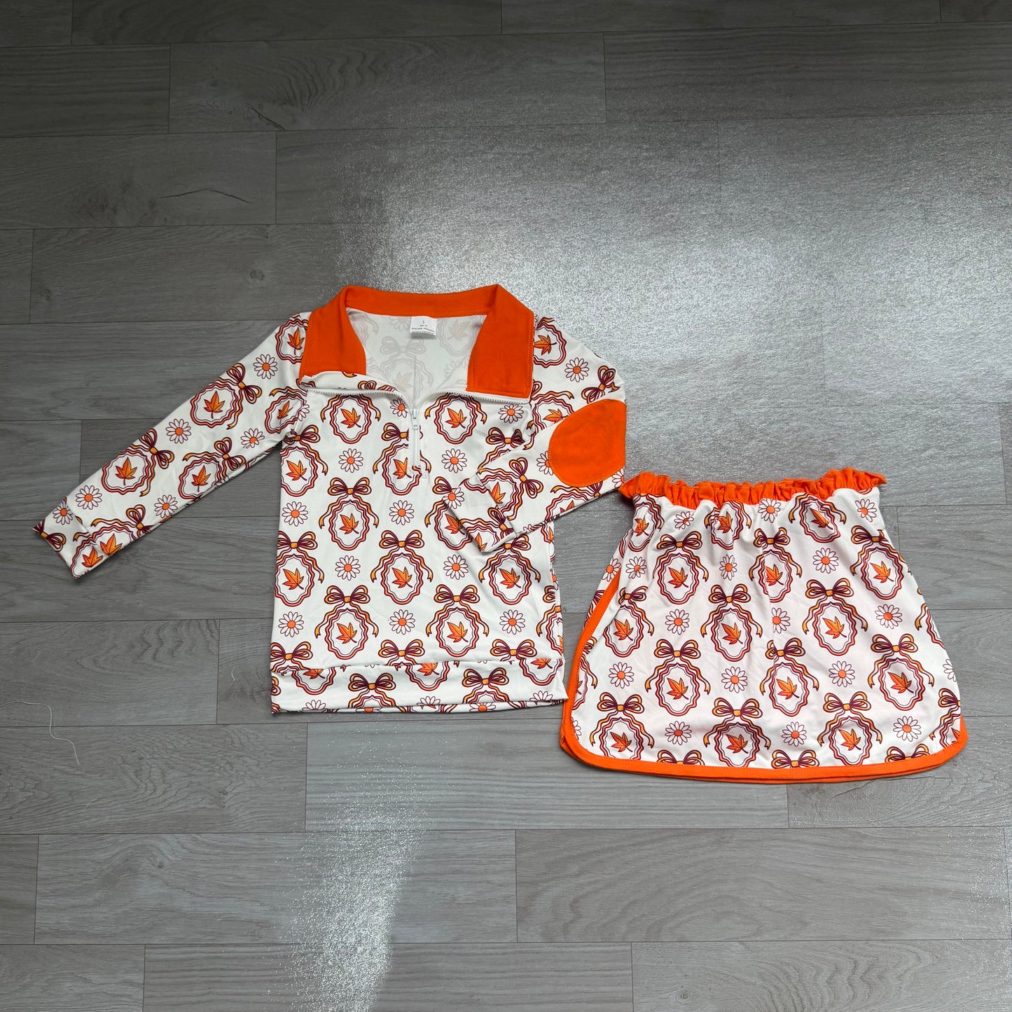 4.18 GLD1602 Preorder Leaf Flowers Bows Zipper Top Skirts Girls Fall Clothes Set