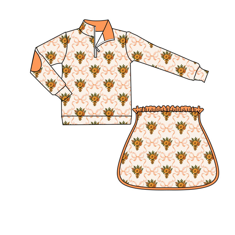 4.18 GLD1603 Preorder Sunflowers Bows Zipper Top Skirts Girls Fall Clothes Set